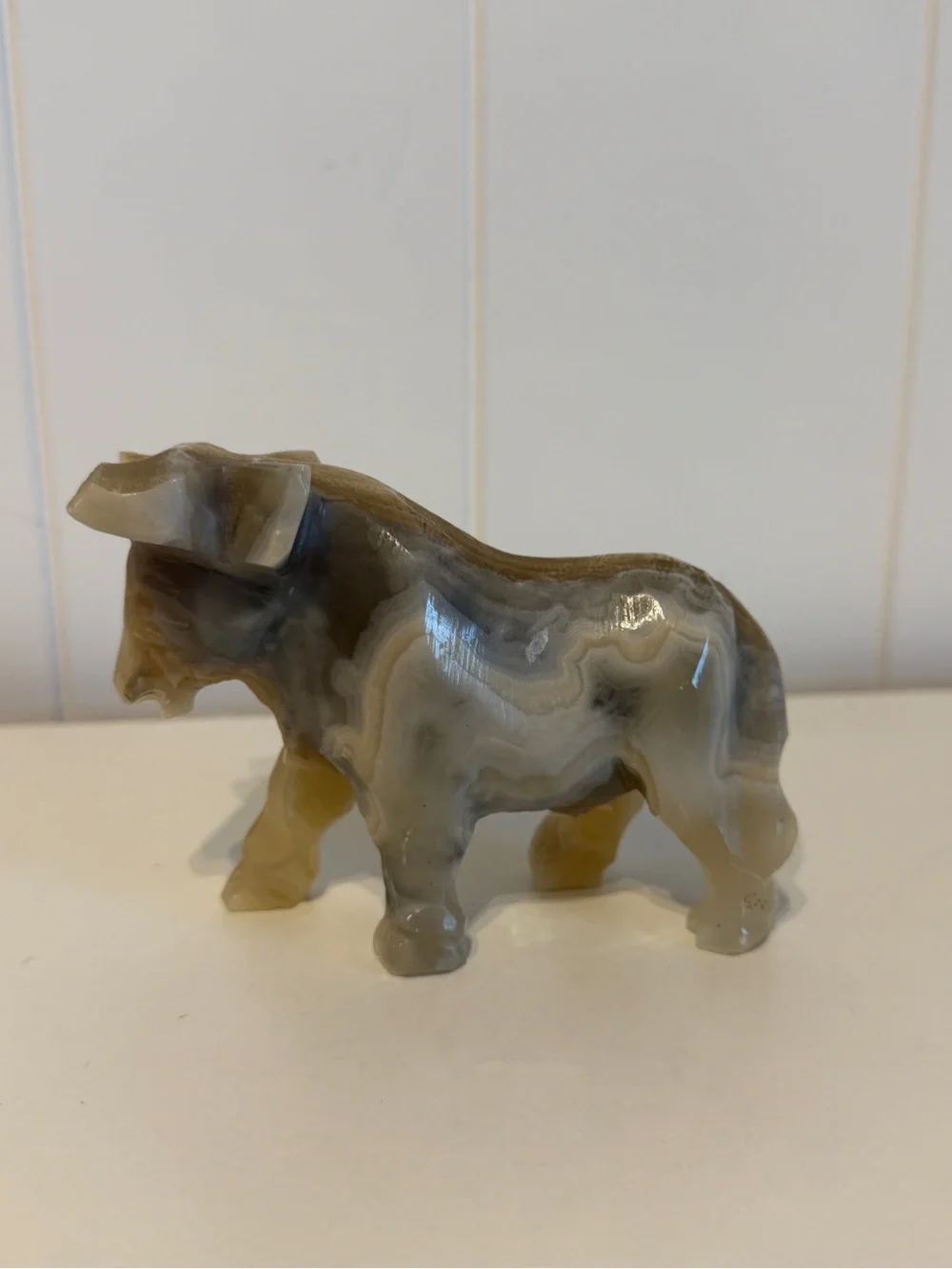 Vintage Hand Carved Onyx marble Bull Cow Figurine Statue Stone Sculpture